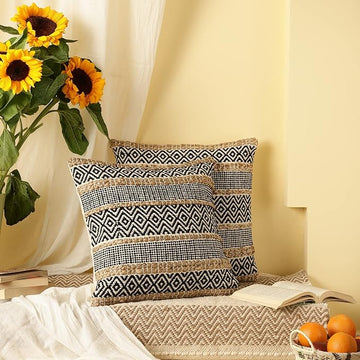 Set of 2 Hand-Woven Jute & Tufted Boho Pillow Covers, 18x18 Inch